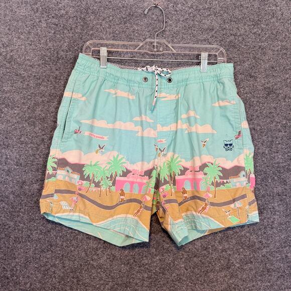 Party Pants Shorts Mens Medium Blue Drawstring All Over Print Swim Trunks Beach - Picture 3 of 8